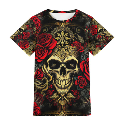 Crimson Path – Unisex Gothic Skull & Roses T-Shirt