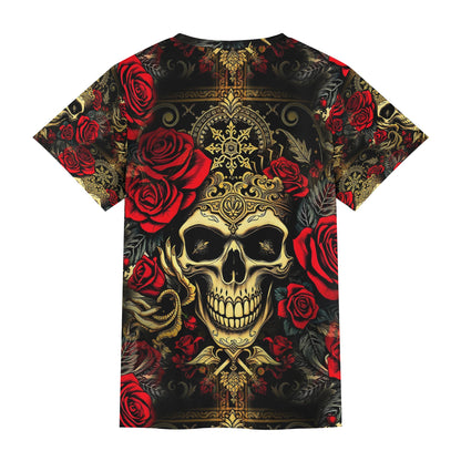 Crimson Path – Unisex Gothic Skull & Roses T-Shirt