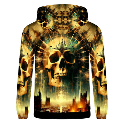 Dystopian Dawn Cotton Terry hoodie with skull and cityscape design in dark gold and green tones
