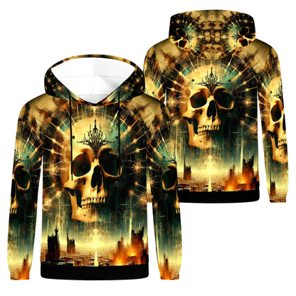 Loud and Lethal Dystopian Dawn Cotton Terry hoodie with skull and cityscape graphic design