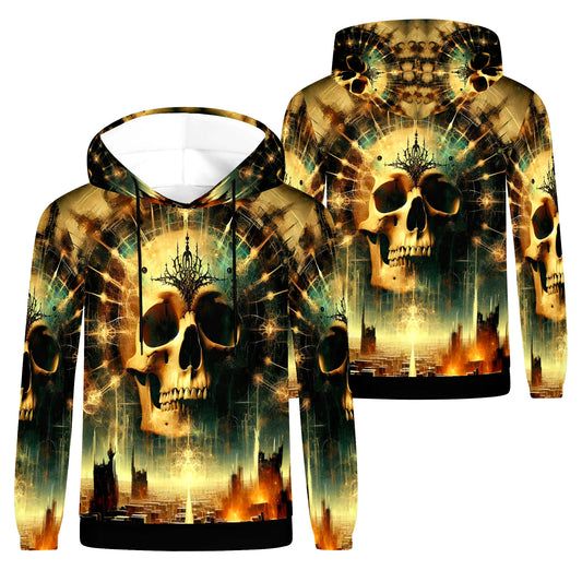 Loud and Lethal Dystopian Dawn Cotton Terry hoodie with skull and cityscape graphic design