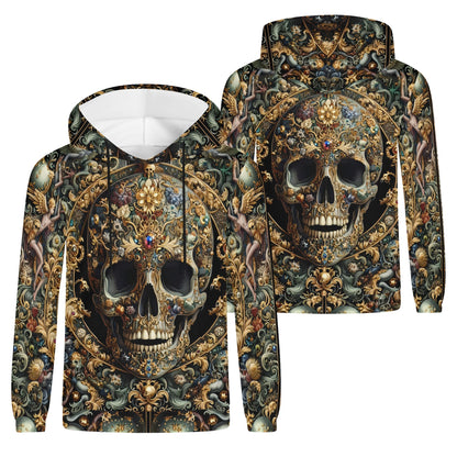 Forbidden Luxury Cotton Terry Hoodie by Loud and Lethal with ornate skull and intricate gold design on front and back