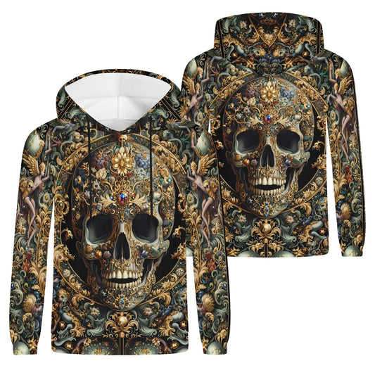Forbidden Luxury Cotton Terry Hoodie by Loud and Lethal with ornate skull and intricate gold design on front and back