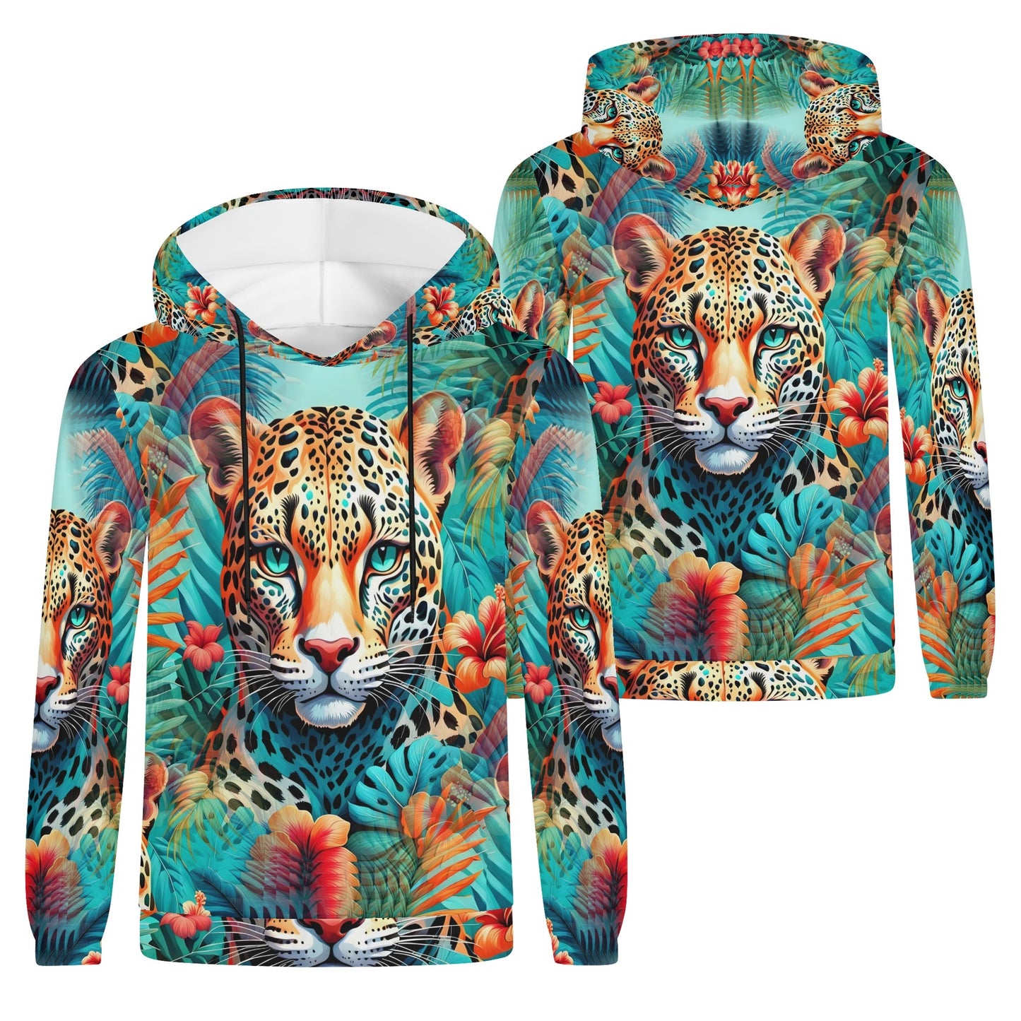 Jungle Prowl Unisex Hoodie - Vibrant Leopard & Tropical Design