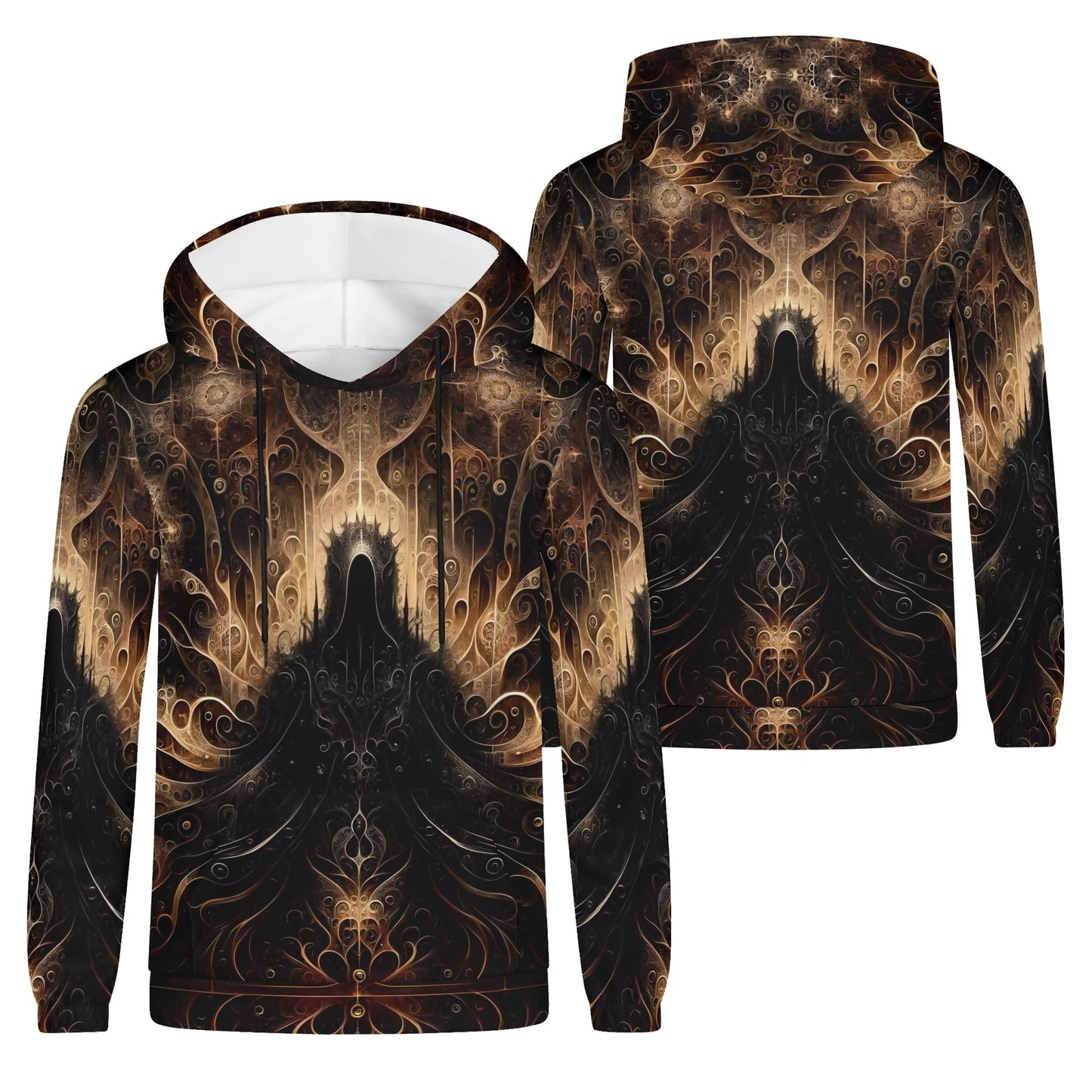 The Gilded Enigma Cotton Terry hoodie by Loud and Lethal with intricate dark gold and black ornate design