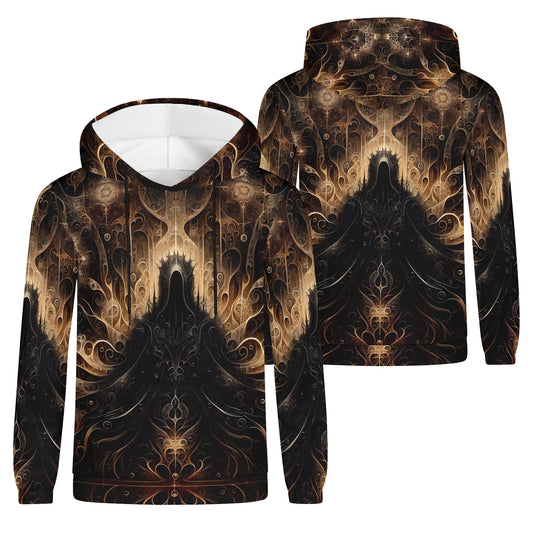 The Gilded Enigma Cotton Terry hoodie by Loud and Lethal with intricate dark gold and black ornate design
