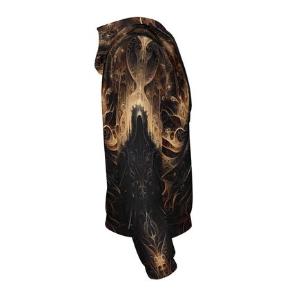 Side view of Loud and Lethal The Gilded Enigma Cotton Terry hoodie with intricate dark and gold abstract design