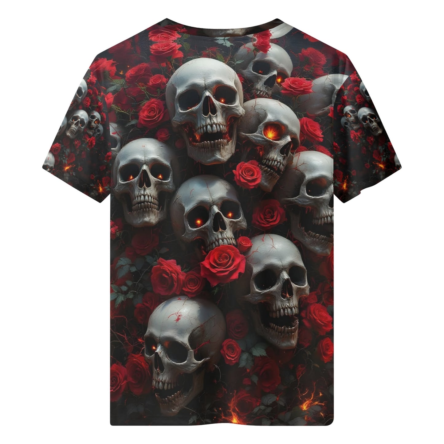 A Dance Among the Shadows 100 Cotton T-Shirt featuring skulls and red roses all over print unisex tee