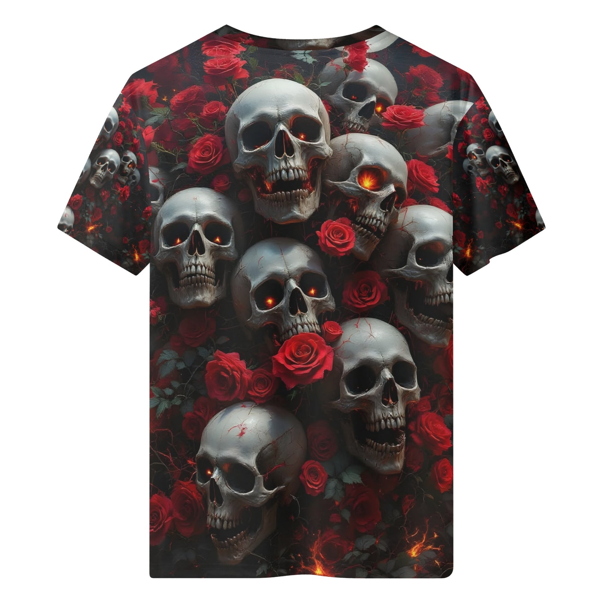 A Dance Among the Shadows 100 Cotton T-Shirt featuring skulls and red roses all over print unisex tee