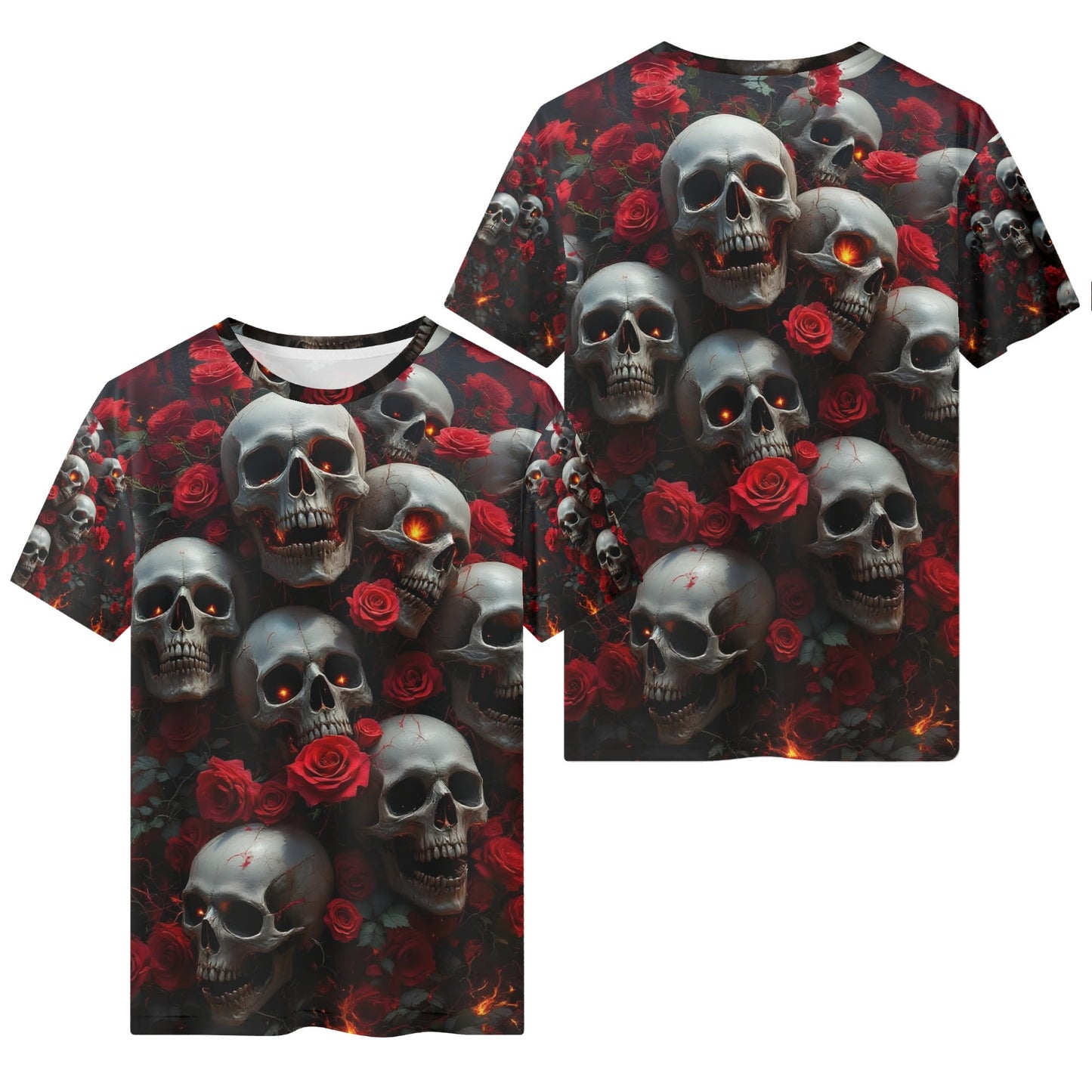 A Dance Among the Shadows 100 Cotton T-Shirt with skull and red rose design for unisex