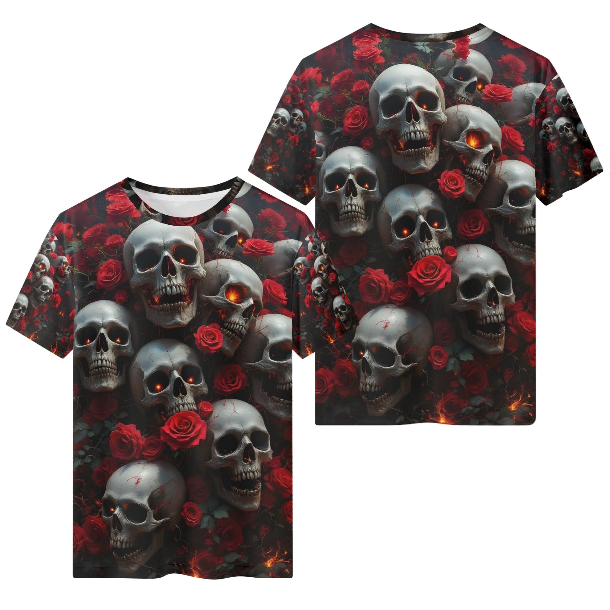 A Dance Among the Shadows 100 Cotton T-Shirt with skull and red rose design for unisex