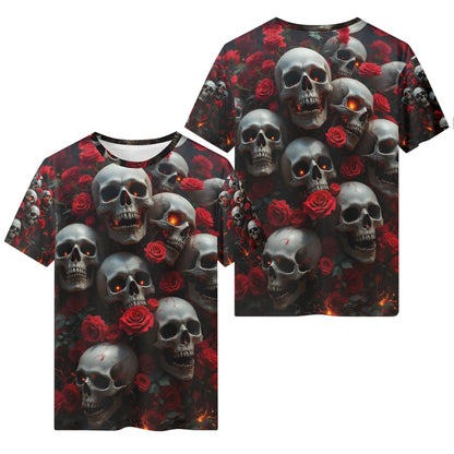 A Dance Among the Shadows 100 Cotton T-Shirt with skull and red rose design for unisex