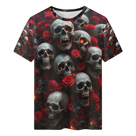 A Dance Among the Shadows 100 Cotton T-Shirt by Loud and Lethal with skull and red rose design
