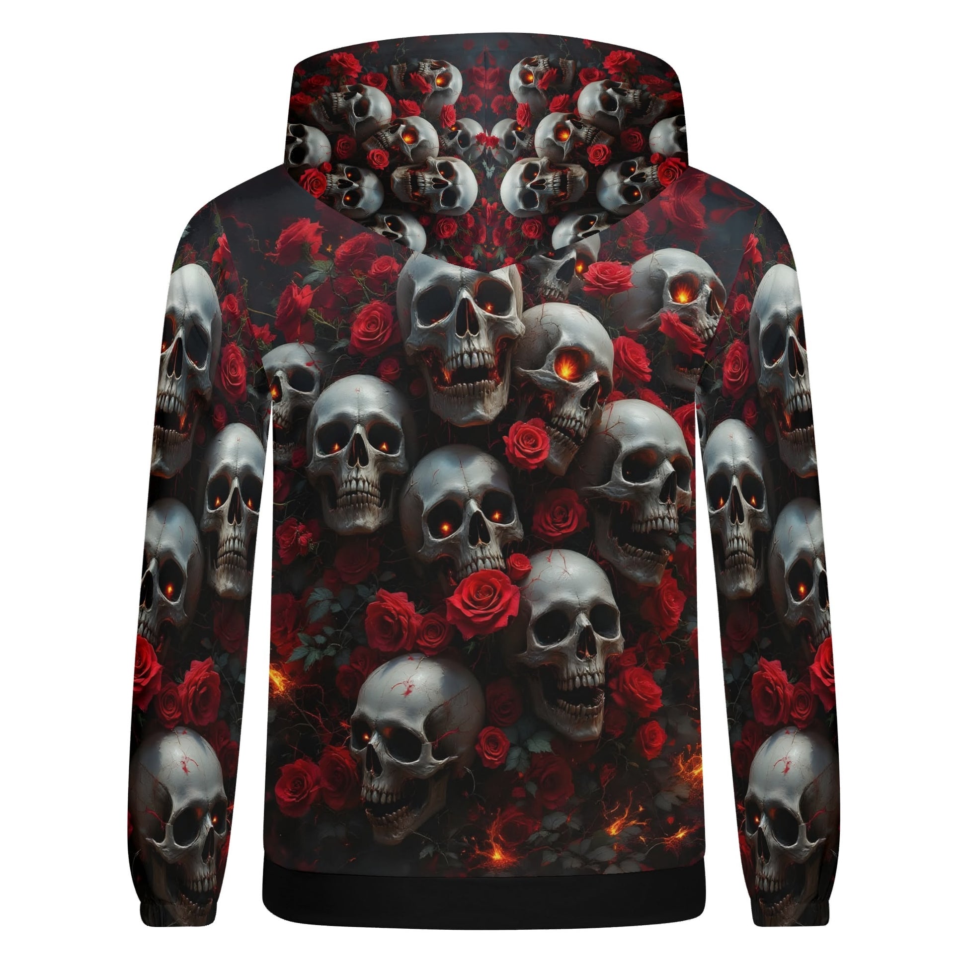 A Dance Among the Shadows Cotton Terry hoodie by Loud and Lethal featuring skulls and red roses on black