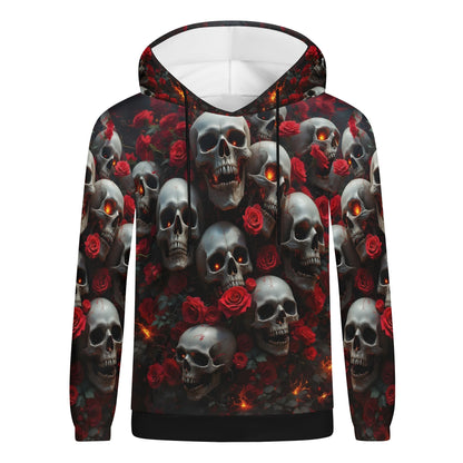 A Dance Among the Shadows Cotton Terry hoodie with skulls and red roses graphic design unisex hoodie