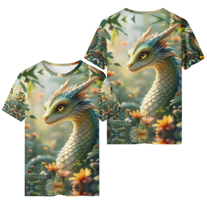 A Dragons Glow Organic Cotton Kids T-Shirt by Loud and Lethal featuring a detailed dragon design in a floral forest setting