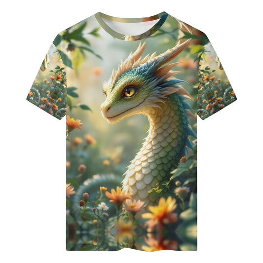 A Dragons Glow Organic Cotton Kids T-Shirt featuring a detailed dragon design in a floral garden