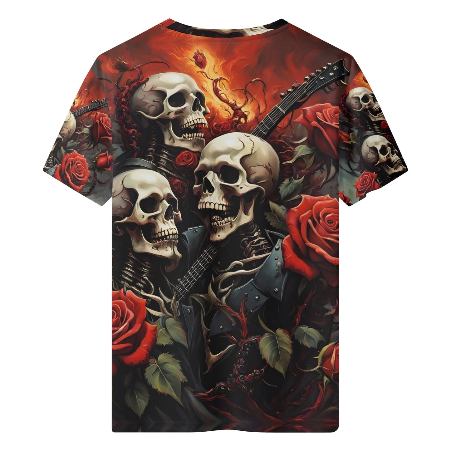 A Gothic Symphony 100 Cotton T-Shirt featuring skulls, red roses, and a guitar with fiery background