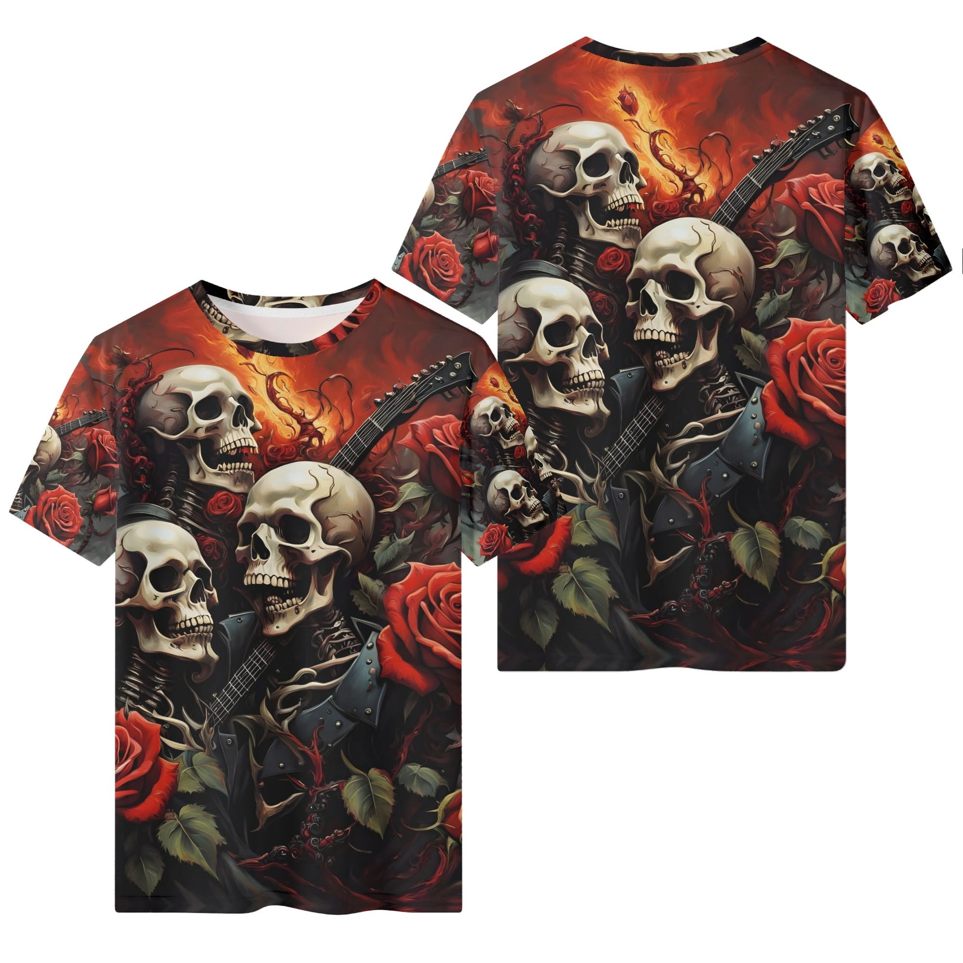 A Gothic Symphony 100 Cotton T-Shirt featuring bold skulls, roses, and guitar graphic design