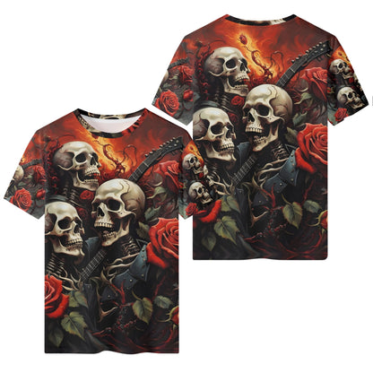 A Gothic Symphony 100 Cotton T-Shirt featuring bold skulls, roses, and guitar graphic design
