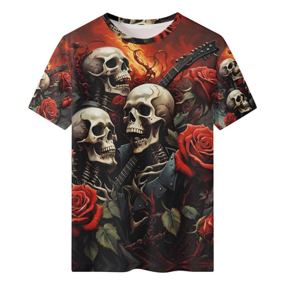 A Gothic Symphony 100 Cotton T-Shirt featuring unisex design with skulls, roses, and guitar artwork