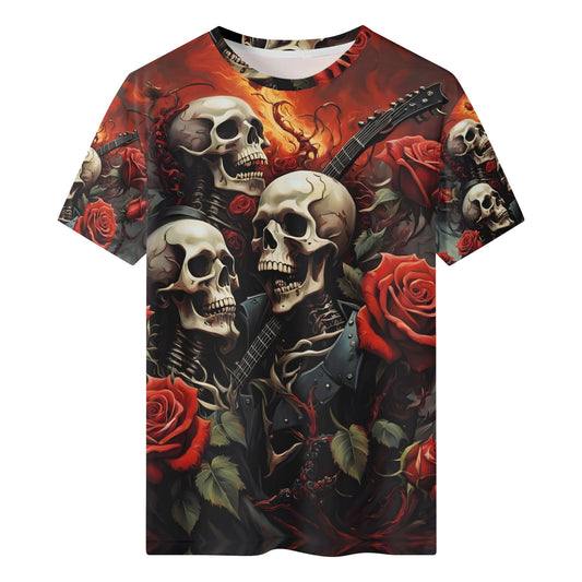 A Gothic Symphony 100 Cotton T-Shirt featuring unisex design with skulls, roses, and guitar artwork