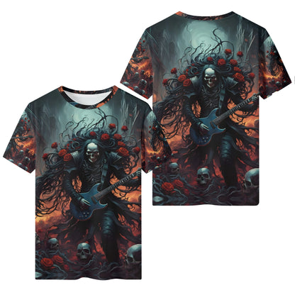 A Punk Rock Odyssey 100 Cotton T-Shirt featuring a skeleton playing electric guitar with roses and dark mystical background