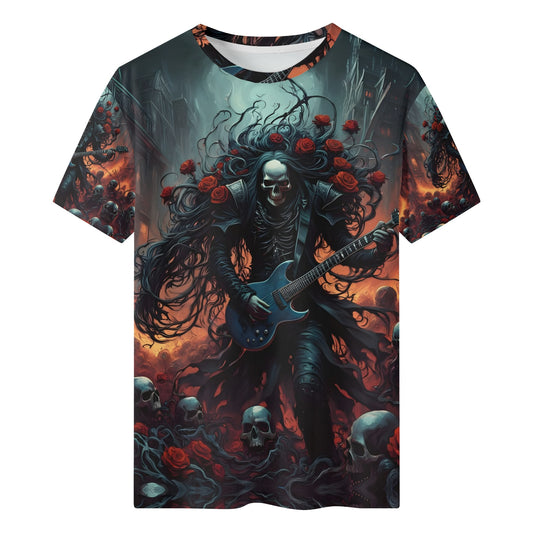 A Punk Rock Odyssey 100 Cotton T-Shirt featuring skeleton guitarist with roses and dark gothic background