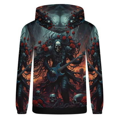 A Punk Rock Odyssey Cotton Terry hoodie by Loud and Lethal featuring a skeleton rocker with roses and skulls