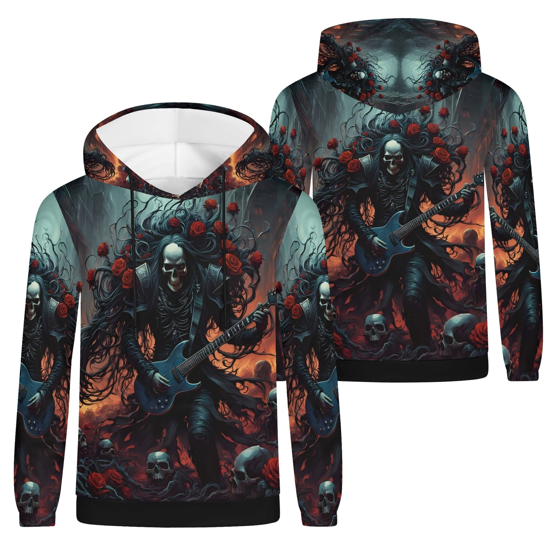 Loud and Lethal A Punk Rock Odyssey Cotton Terry hoodie with skeleton guitarist and red roses design
