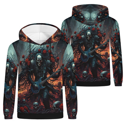 Loud and Lethal A Punk Rock Odyssey Cotton Terry hoodie with skeleton guitarist and red roses design