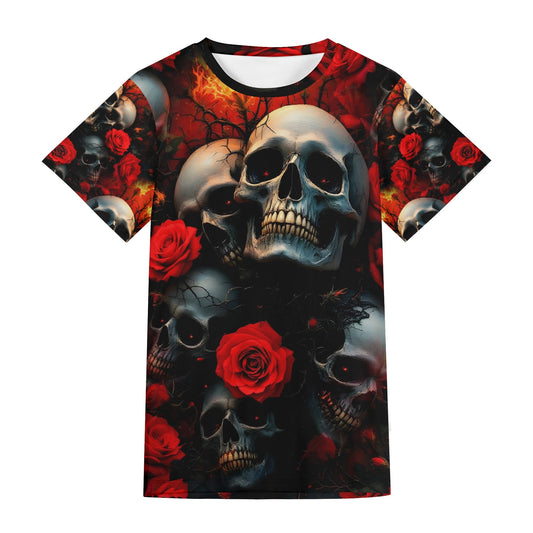 A Skulls Dance Lycra T-Shirt by Loud and Lethal featuring skulls and red roses on black background