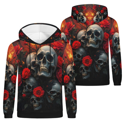 A Skulls Dance Poly French Terry Metal hoodie with skull and red rose design by Loud and Lethal