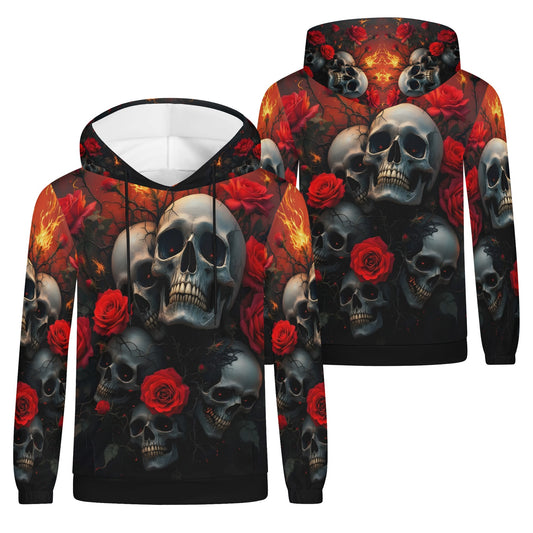 A Skulls Dance Poly French Terry Metal hoodie with skull and red rose design by Loud and Lethal