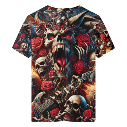 A Wild Dance in Flames 100 Cotton T-Shirt featuring a vibrant skull and flames graphic with roses and guitars