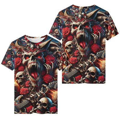 A Wild Dance in Flames 100 Cotton T-Shirt by Loud and Lethal featuring skulls, roses, and a guitar design