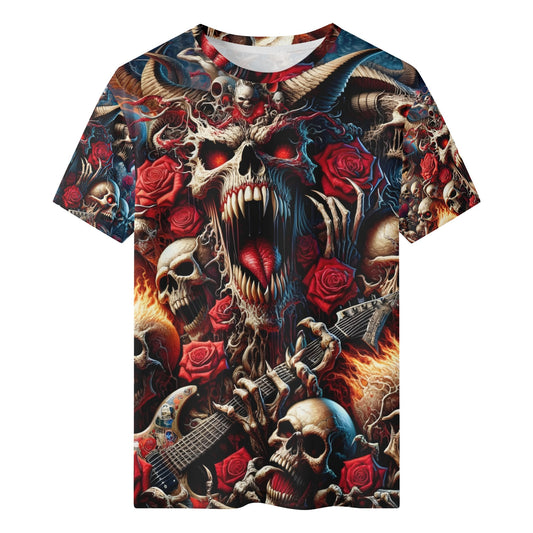 A Wild Dance in Flames 100 Cotton T-Shirt featuring skulls, roses, and fiery graphic design