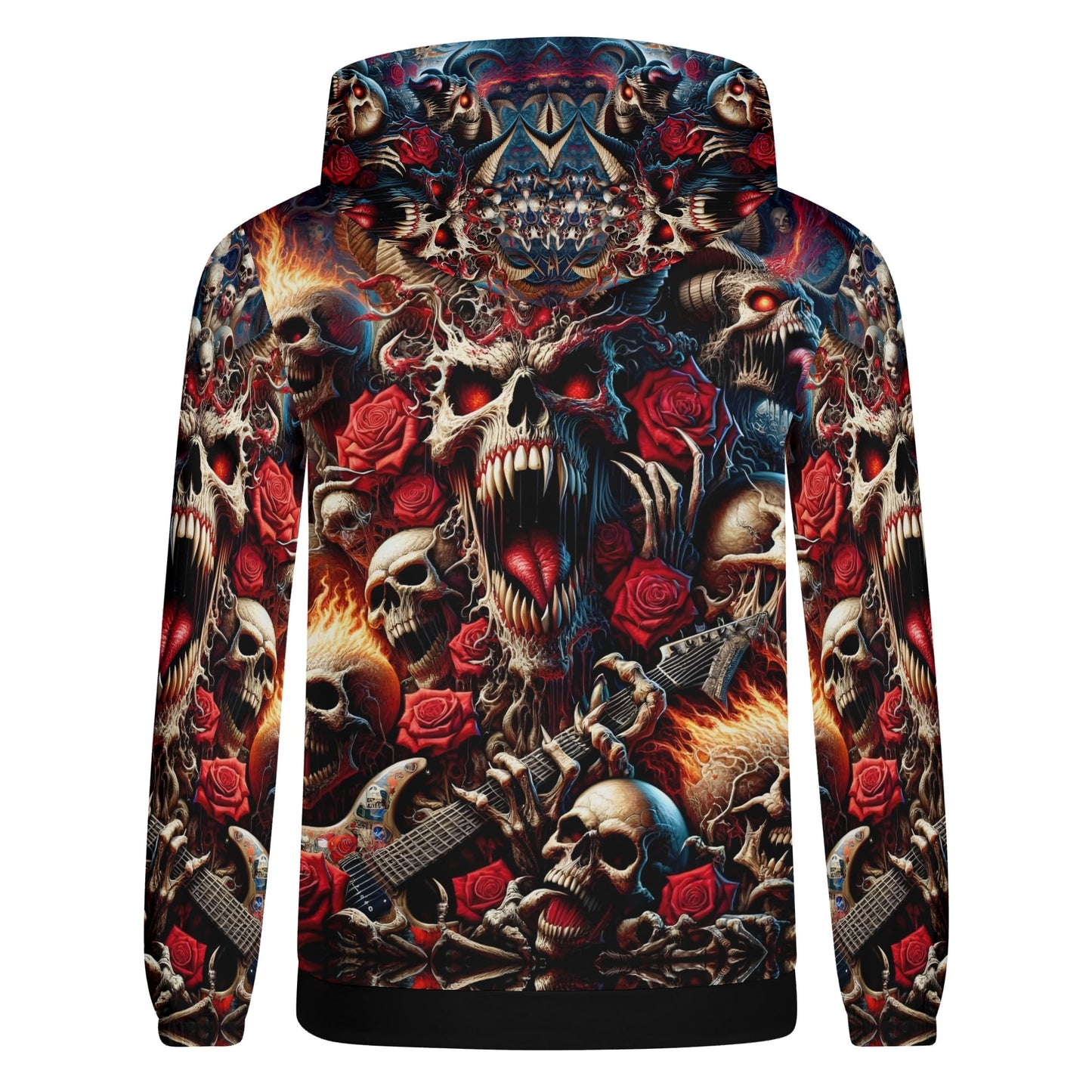 A Wild Dance in Flames Cotton Terry hoodie with fiery skulls, red roses, and electric guitar design unisex sweatshirt