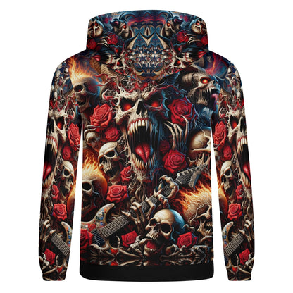 A Wild Dance in Flames Cotton Terry hoodie with fiery skulls, red roses, and electric guitar design unisex sweatshirt