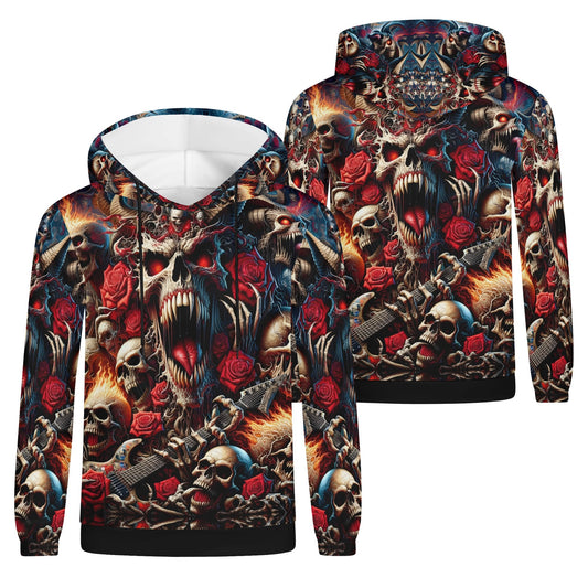 A Wild Dance in Flames Cotton Terry hoodie by Loud and Lethal featuring vibrant skulls, roses, and flames design