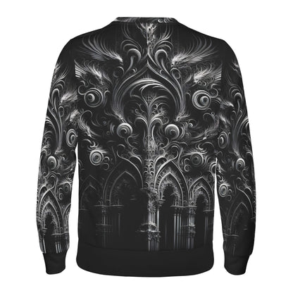 Black unisex sweatshirt with intricate gothic feather and cathedral arch print Feathers of the Abyss Poly French Terry Sweatshirt