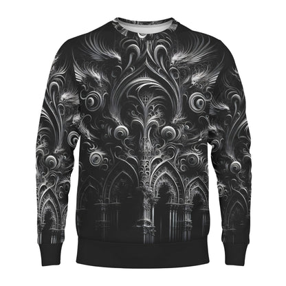 Feathers of the Abyss Poly French Terry Sweatshirt unisex sweater by Loud and Lethal black gothic feather and arch pattern