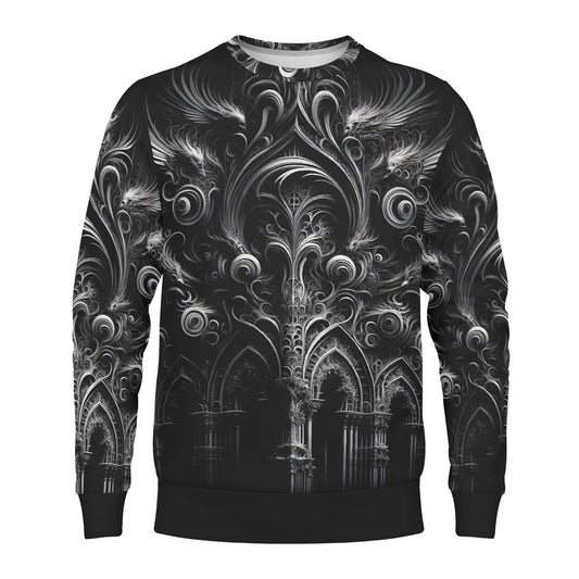 Feathers of the Abyss Poly French Terry Sweatshirt unisex sweater by Loud and Lethal black gothic feather and arch pattern