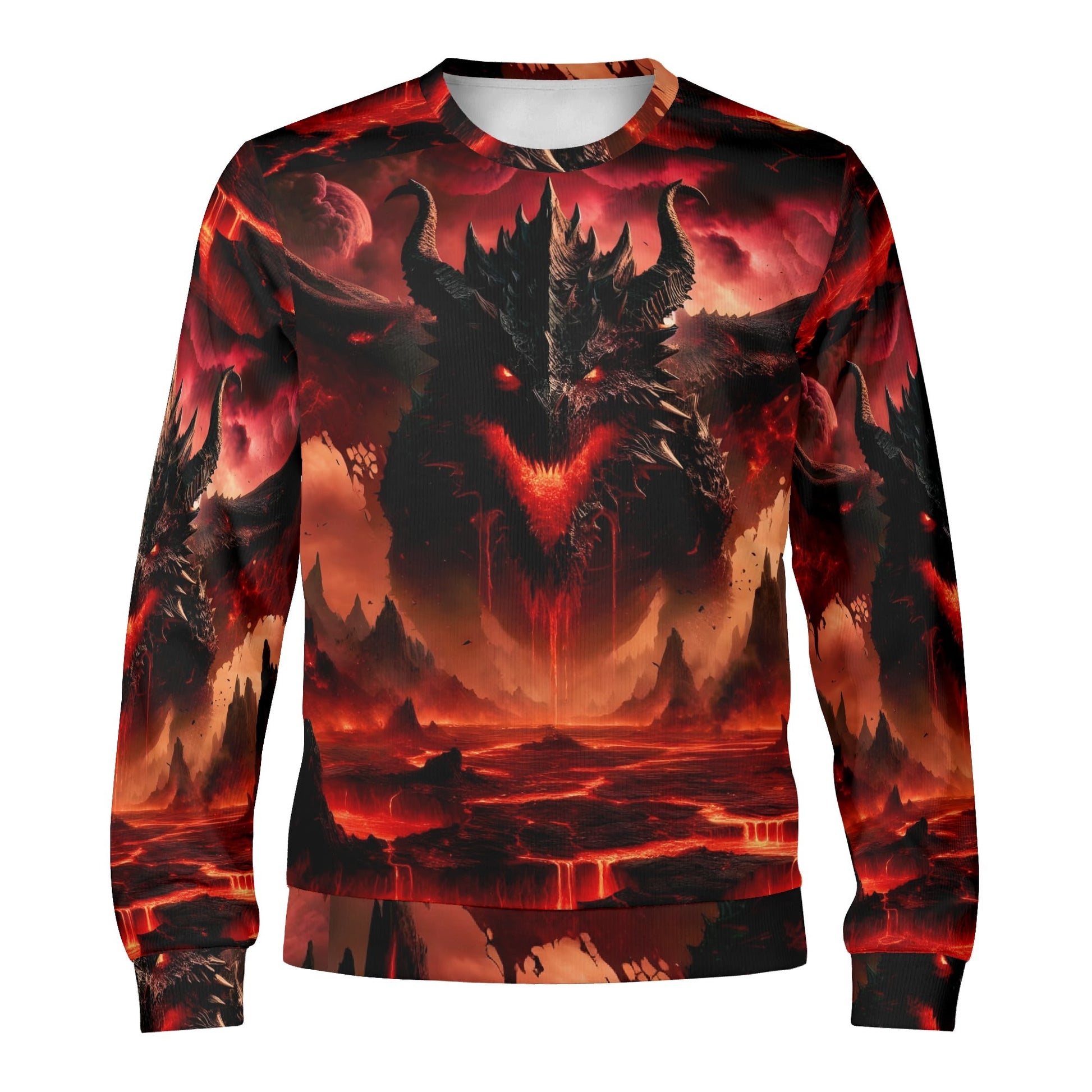 Infernal Dominion Poly French Terry Sweatshirt by Loud and Lethal unisex sweater with fiery demon landscape print