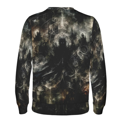 Gothic Apparition Poly French Terry Sweatshirt unisex back view with dark spectral figures and swirling gothic print