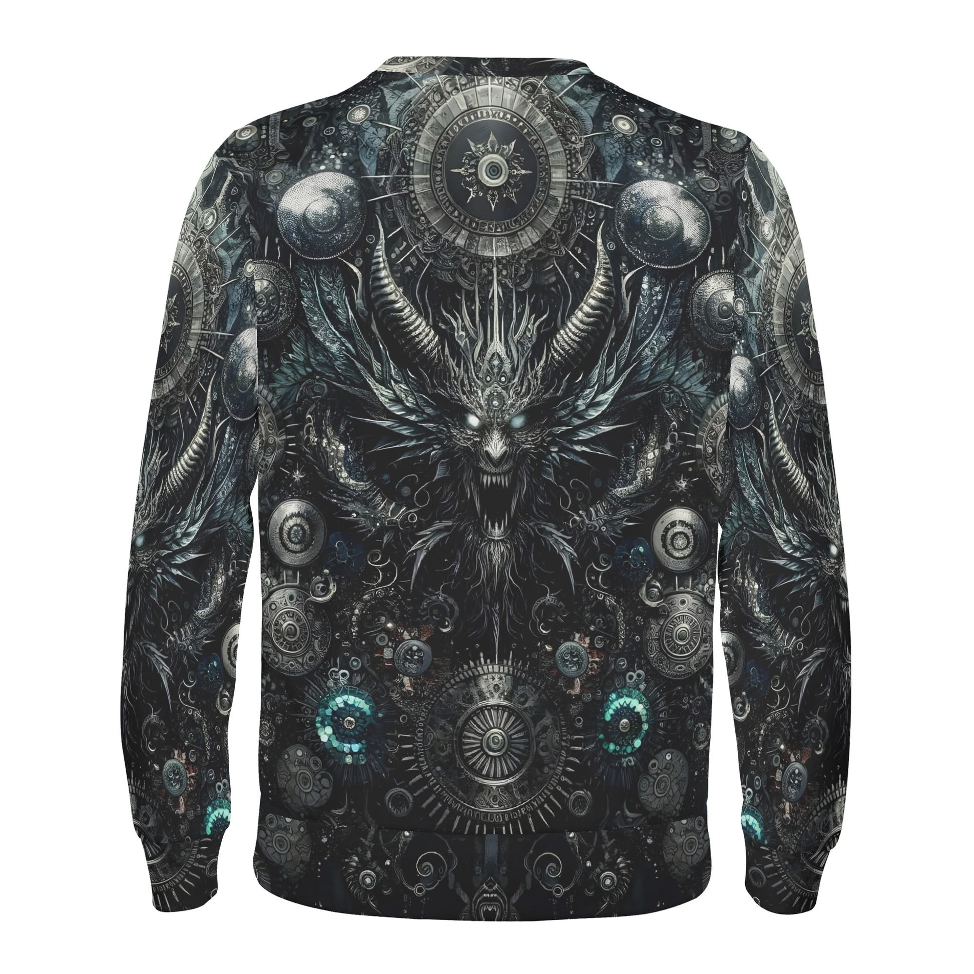 Gears of the Abyss Poly French Terry Sweatshirt unisex back view showing dark mechanical demon and gear artwork