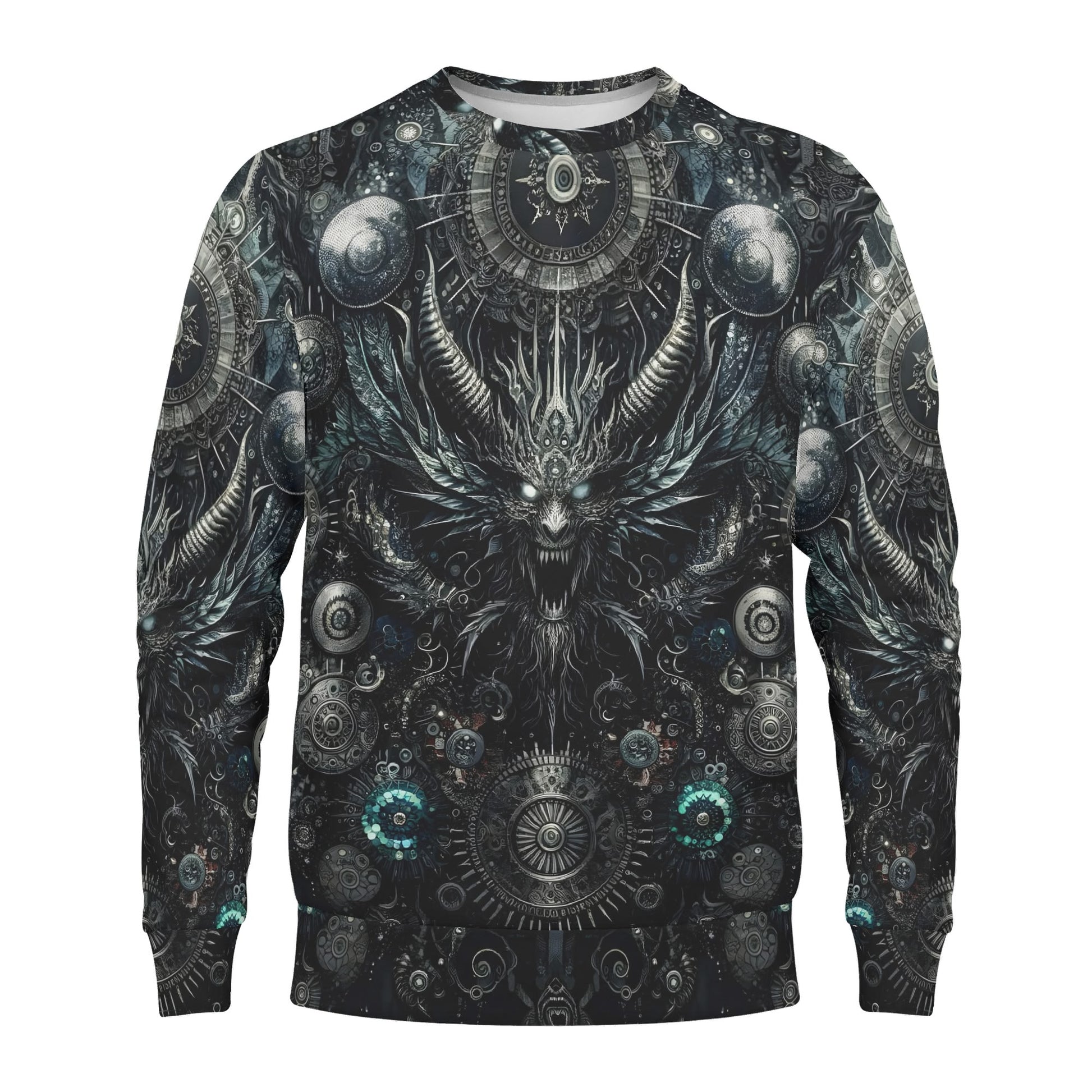 Gears of the Abyss Poly French Terry Sweatshirt unisex dark mechanical demon print sweater with cosmic gears