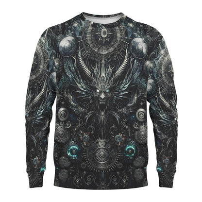 Gears of the Abyss Poly French Terry Sweatshirt unisex dark mechanical demon print sweater with cosmic gears