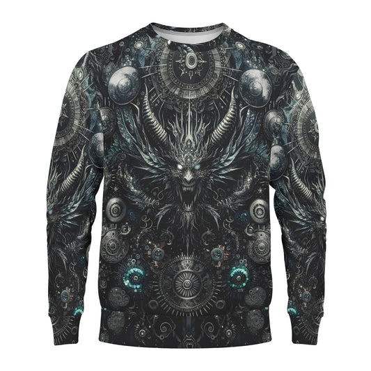 Gears of the Abyss Poly French Terry Sweatshirt unisex dark mechanical demon print sweater with cosmic gears