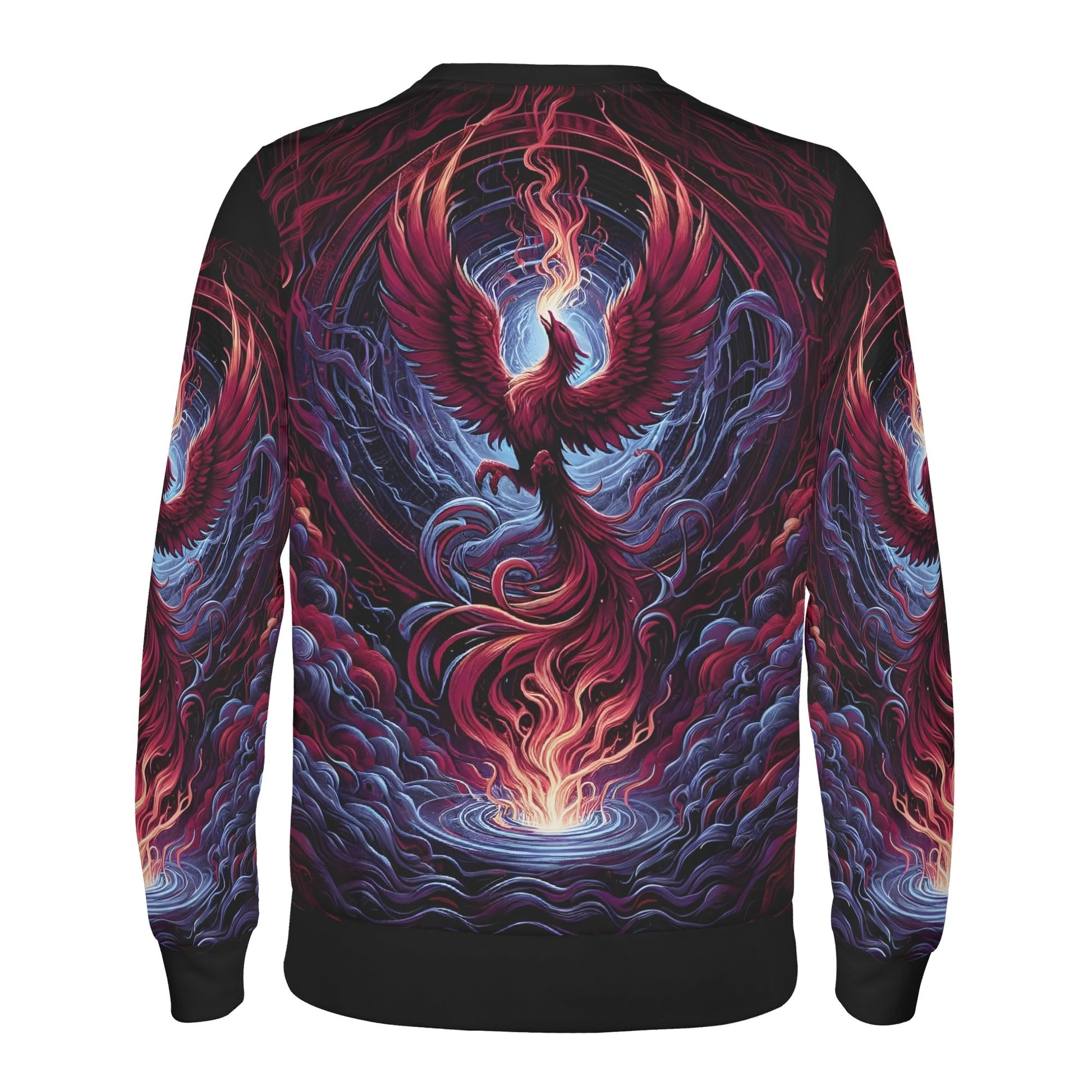 Loud and Lethal unisex sweater with vibrant phoenix rising graphic in red blue on black Phoenix Fury Poly French Terry Sweatshirt